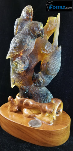 (Sold) Parrots Carving in Chiapas Amber (Mexico)